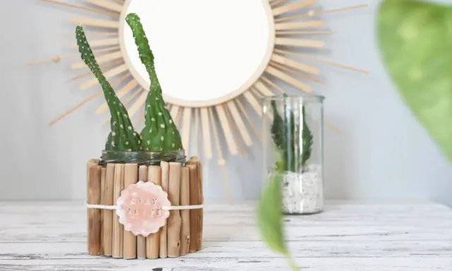 Zwei Kakteen in einem selbstgemachten Blumentopf aus Holzstäbchen. Ein Schild mit "STAY ALIVE" hängt daran.
