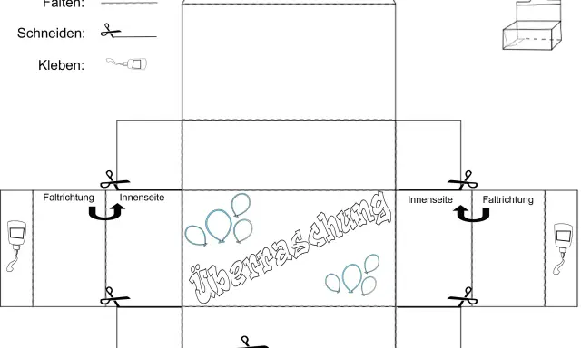 Bastelvorlage für eine Schachtel zum Ausdrucken. Mit Anleitung zum Falten, Schneiden und Kleben. Perfekt für eine kleine Überraschung!
