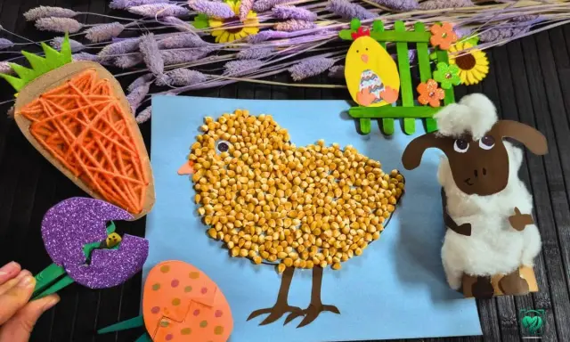 Bunte Oster bastelideen für Kinder: Ein Küken aus Körnern, ein Schaf aus Watte, Karotte & Ostereier.