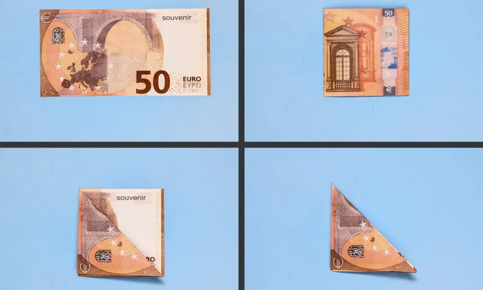 Schritt-für-Schritt-Anleitung, wie man aus 50-Euro-Scheinen eine Origami-Figur faltet.