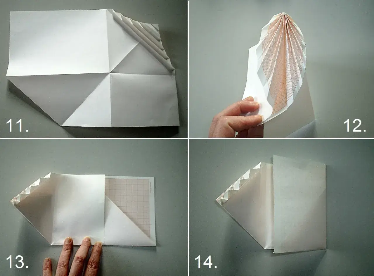Schritt-für-Schritt-Anleitung zum Briefumschlag falten. Papier wird gefaltet, um eine Tasche zu formen.