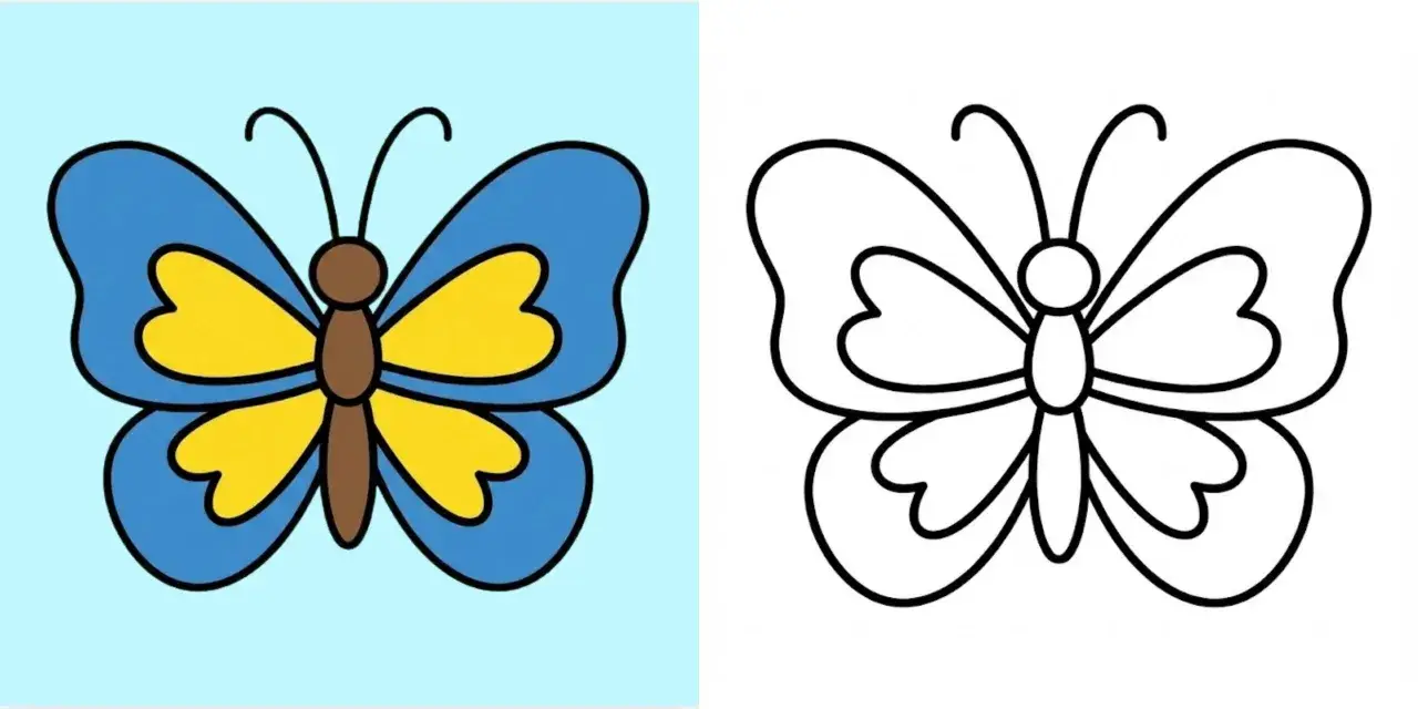 Zwei Schmetterlinge: einer bunt (blau/gelb) und eine schmetterling vorlage zum Ausmalen.
