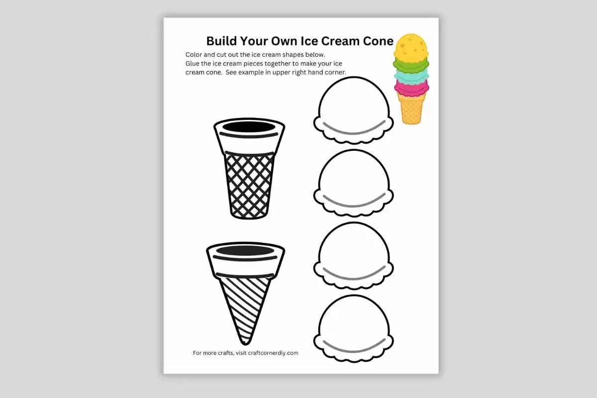 Bastelvorlage für Eiscreme-Tüten und Kugeln. Kinder können diese Vorlage zum Eis basteln nutzen, um eigene Eistüten zu gestalten.
