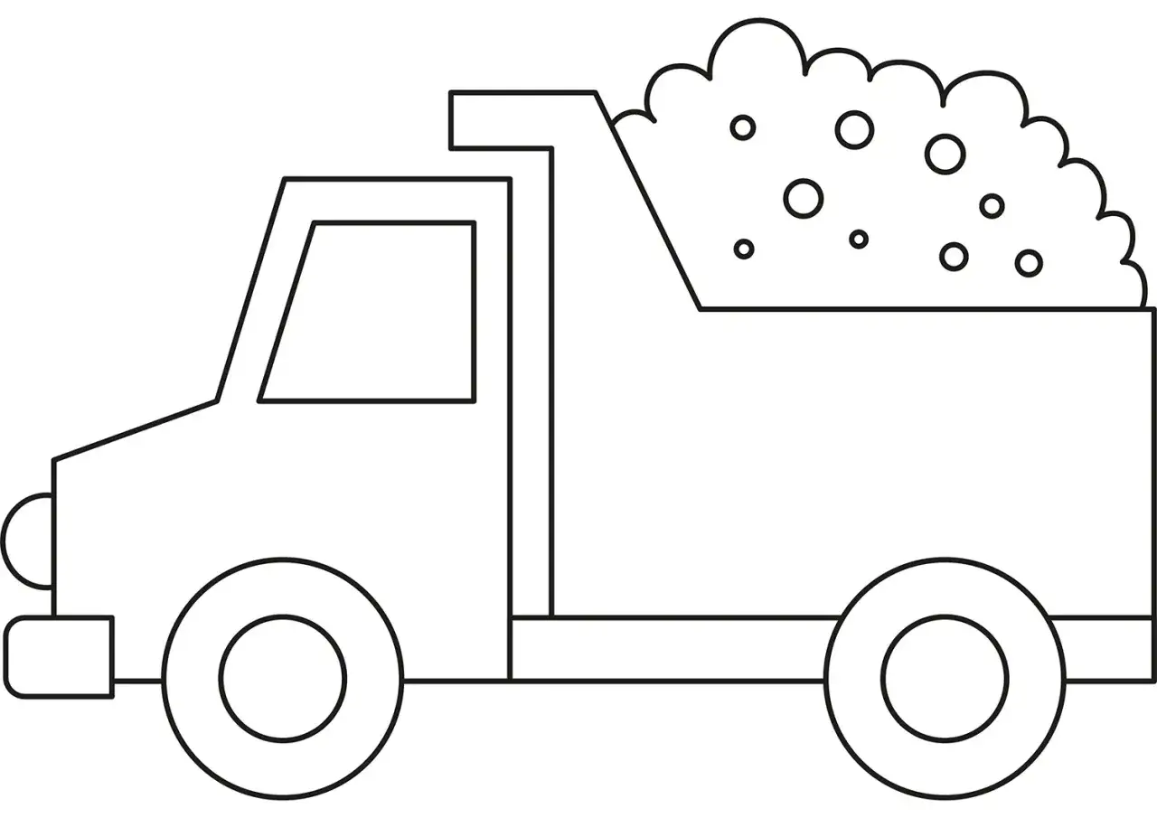 Umriss eines LKW zum Basteln aus Papier, beladen mit Sand.