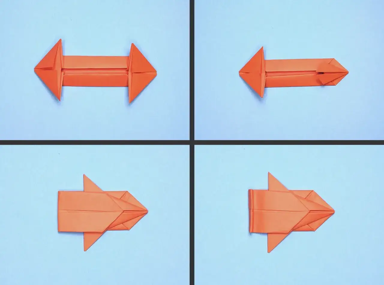 Vier Schritte einer komplexen Origami-Anleitung f&uuml;r einen Pfeil. Die orangefarbene Papierfigur wird schrittweise gefaltet.