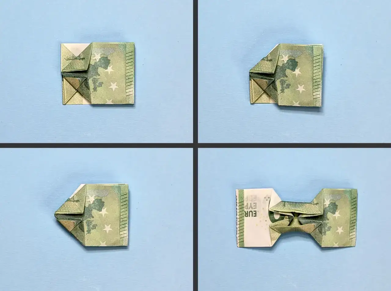 Schritt-f&uuml;r-Schritt-Anleitung, wie man eine Fliege aus Geld falten kann. Die einzelnen Schritte zeigen die Entstehung der Papierfliege.