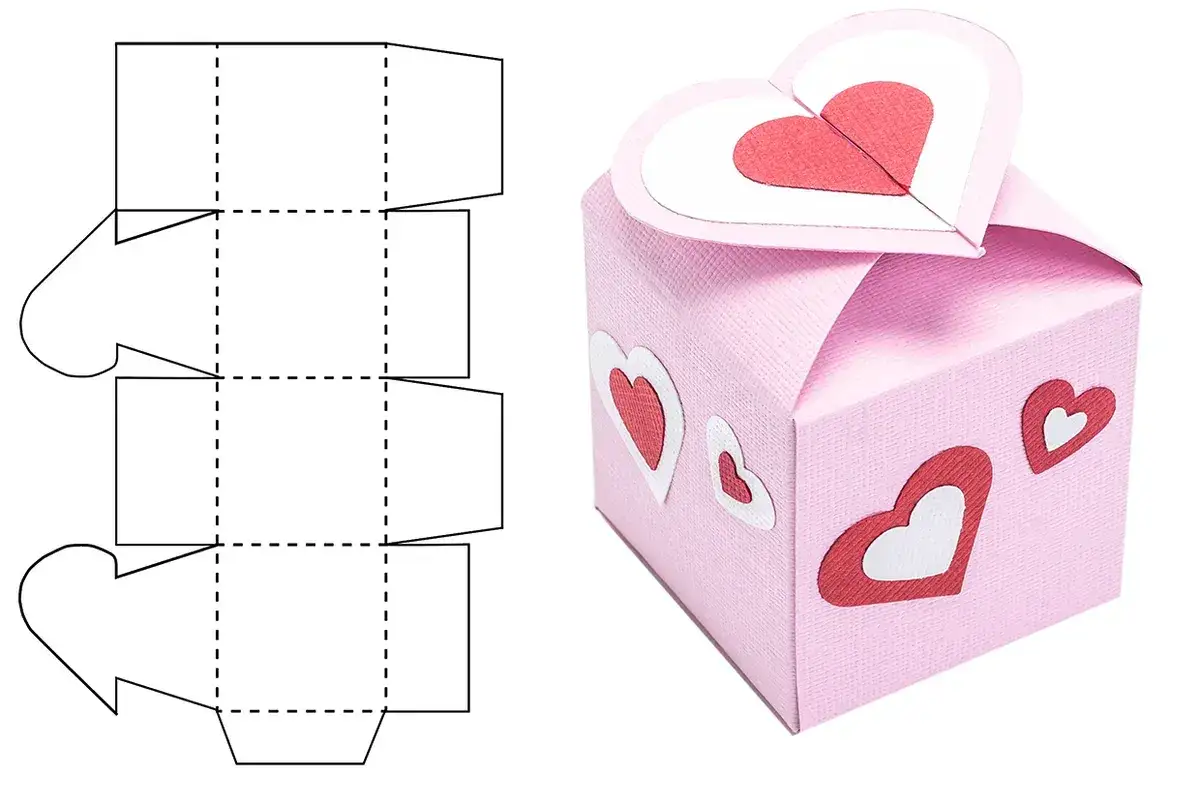Druckvorlage Schachtel basteln: Vorlage zum Ausdrucken einer rosa Herz-Schachtel.
