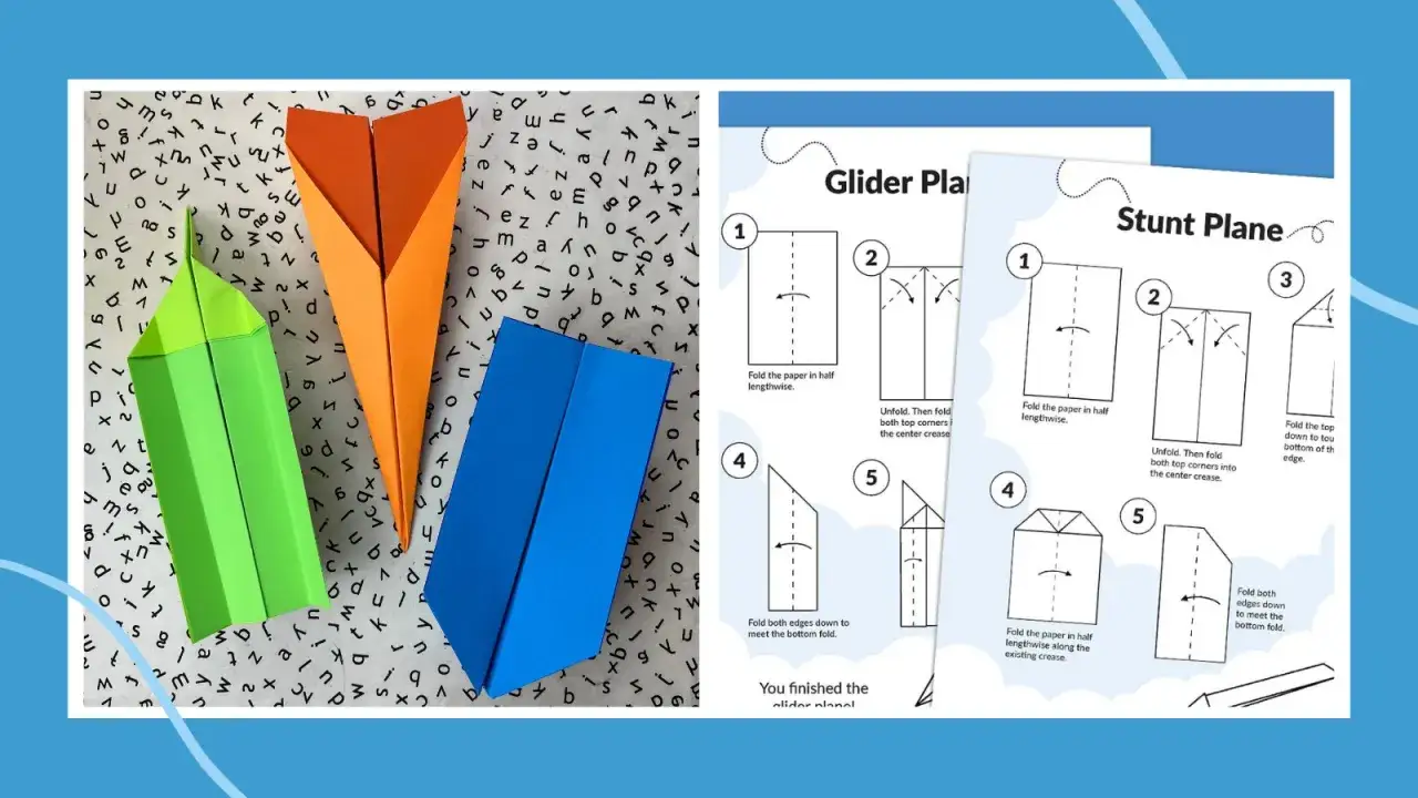 Bunte Papierflugzeuge und eine Bastelanleitung f&uuml;r ein Flugzeug basteln Vorlage.