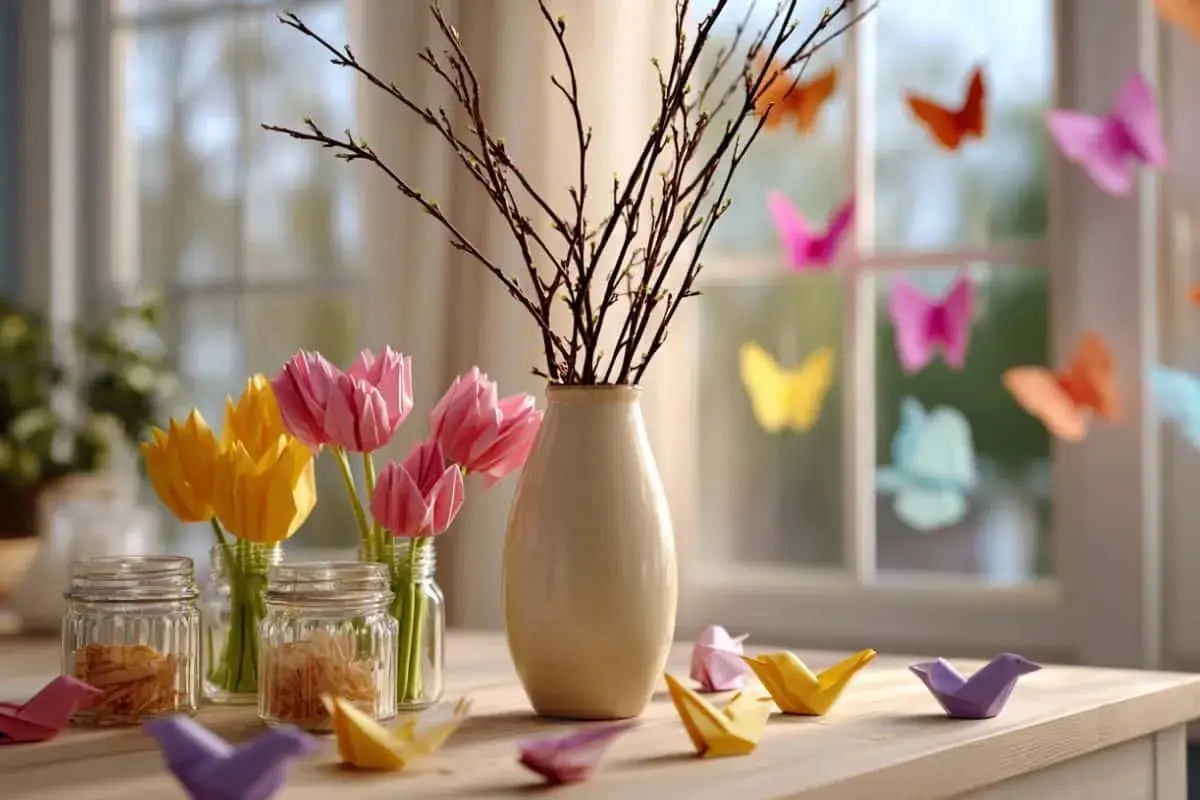 Origami-Tulpen und Vögel auf einem Tisch, bunte Papier-Schmetterlinge fliegen im Hintergrund. Ein Hauch von origami frühling.