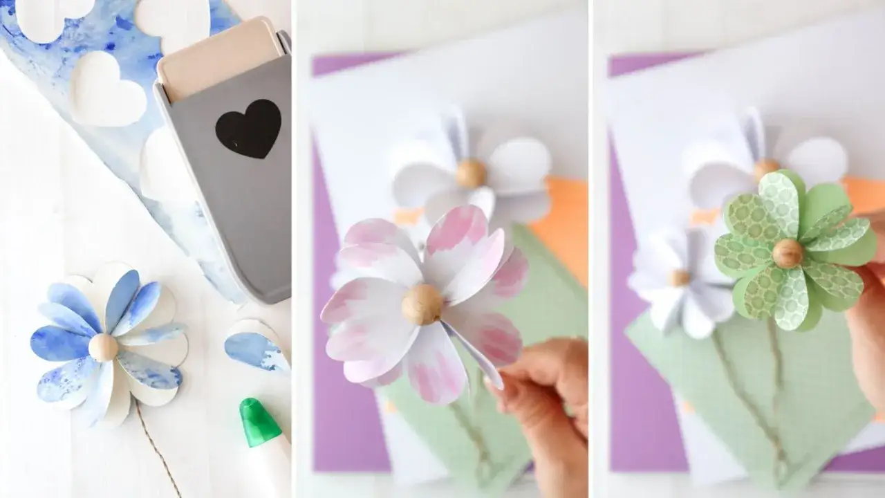 Schritt-für-Schritt-Anleitung zum Blumen basteln mit Papier. Süße Papierblumen in Blau, Rosa und Grün mit Holzkern.