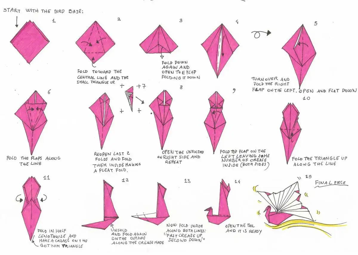 Schritt-f&uuml;r-Schritt-Anleitung f&uuml;r Origami-Kranich. Folge den Faltungen, um dein eigenes Papierkunstwerk zu erschaffen.