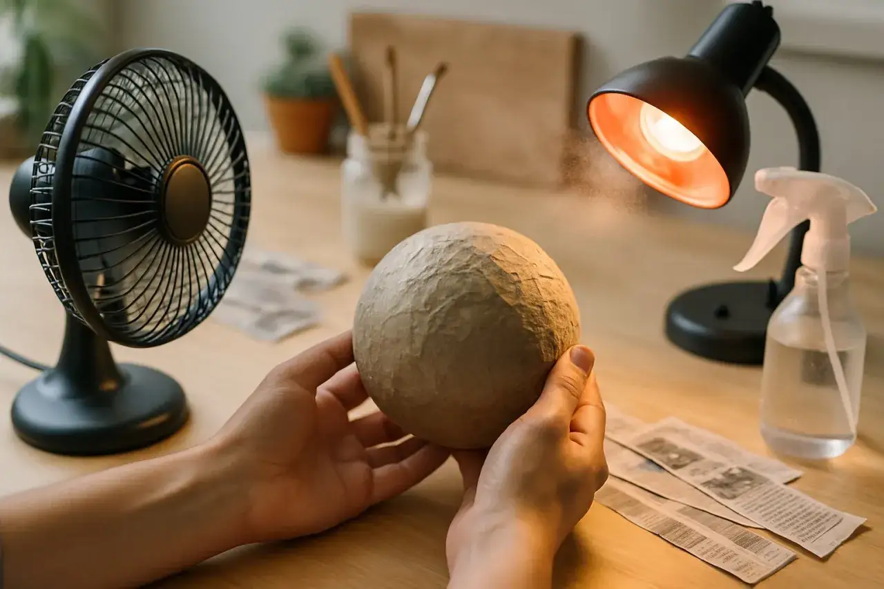 Pappmache-Kugel wird mit F&ouml;hn und Lampe getrocknet. So wird die Trocknungszeit verk&uuml;rzt.