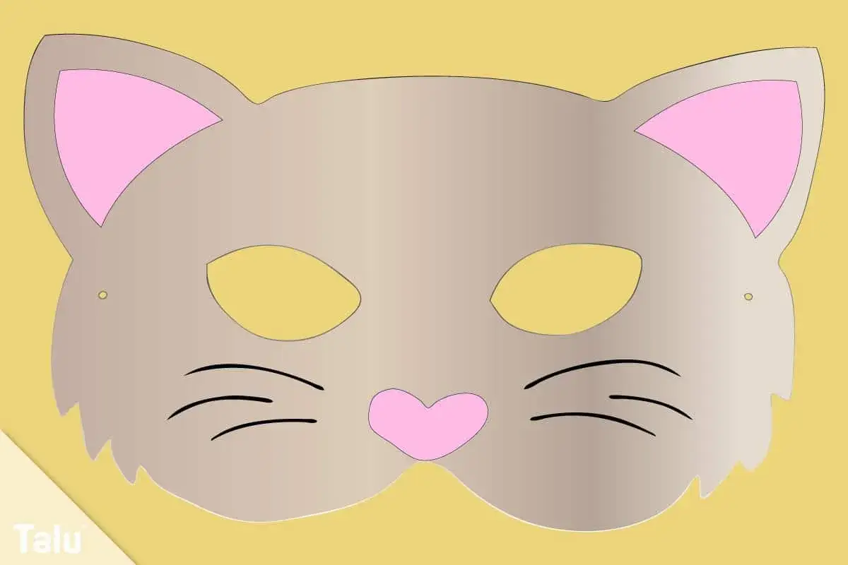 Eine s&uuml;&szlig;e Katzenmaske zum Basteln mit rosa Ohren und Schnurrhaaren. Perfekt f&uuml;r kleine Katzenfans!