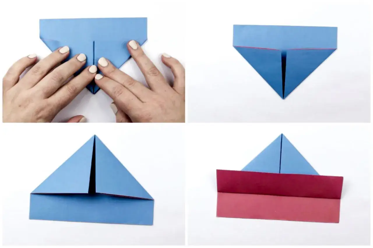 Schritt-für-Schritt-Anleitung zum papierschiffchen bauen. Hände falten blaues Papier zu einem Schiff.