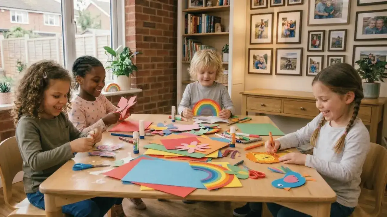 Vier Kinder haben Spaß beim Basteln mit Papier und Kleber. Sie erschaffen bunte Regenbogen, Blumen und Tiere.