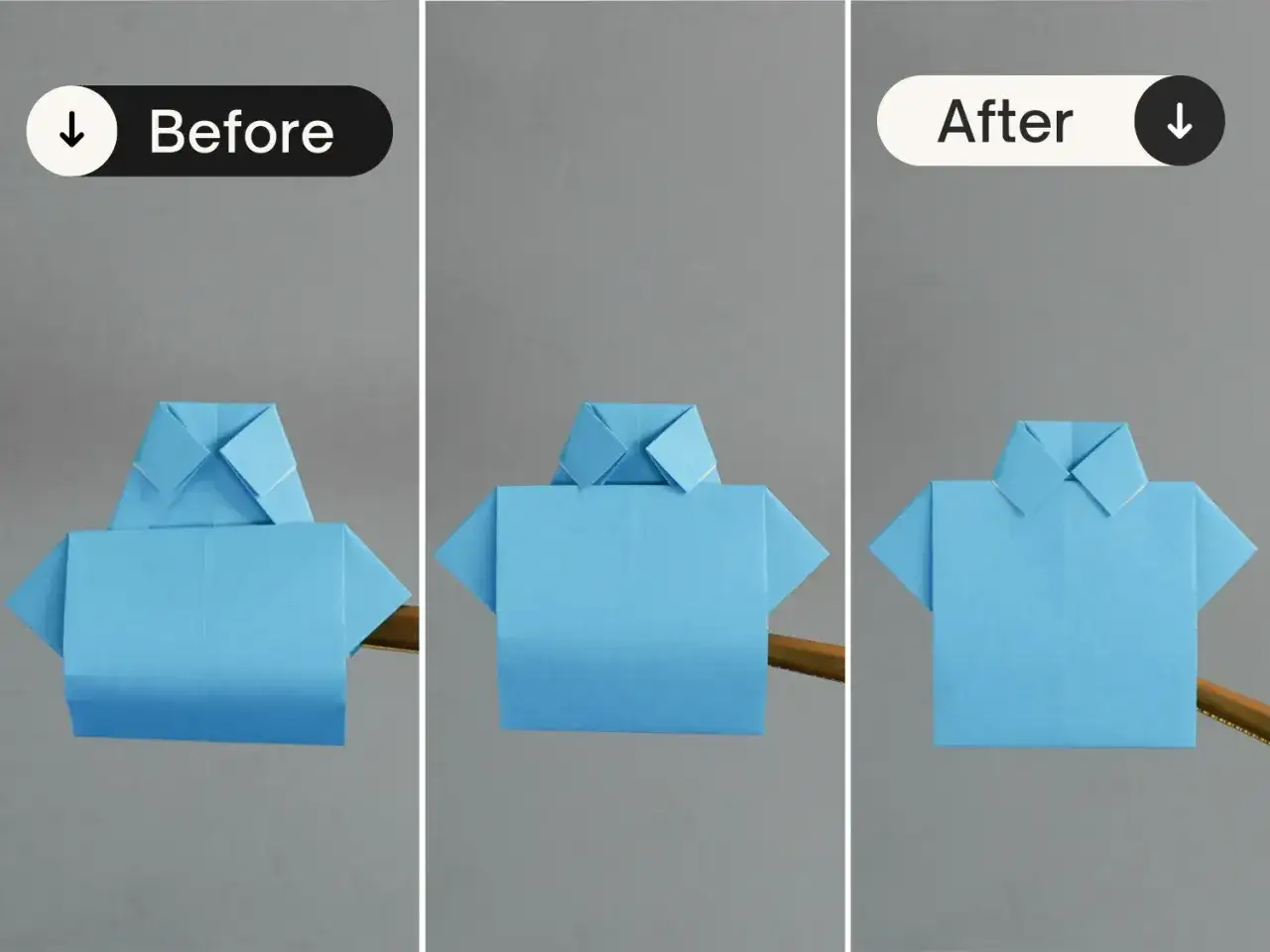 Ein blauer Origami-Hemd wird gefaltet. Vorher und nachher Ansicht.
