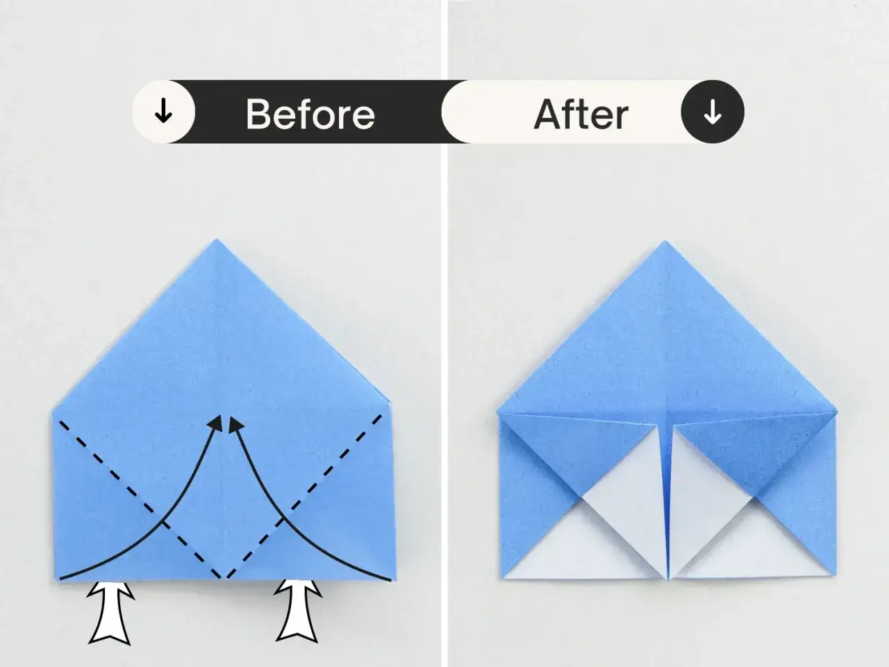 Schritt-f&uuml;r-Schritt-Anleitung f&uuml;r ein mini origami: Vorher-Nachher-Ansicht zeigt das Falten eines blauen Papiers.