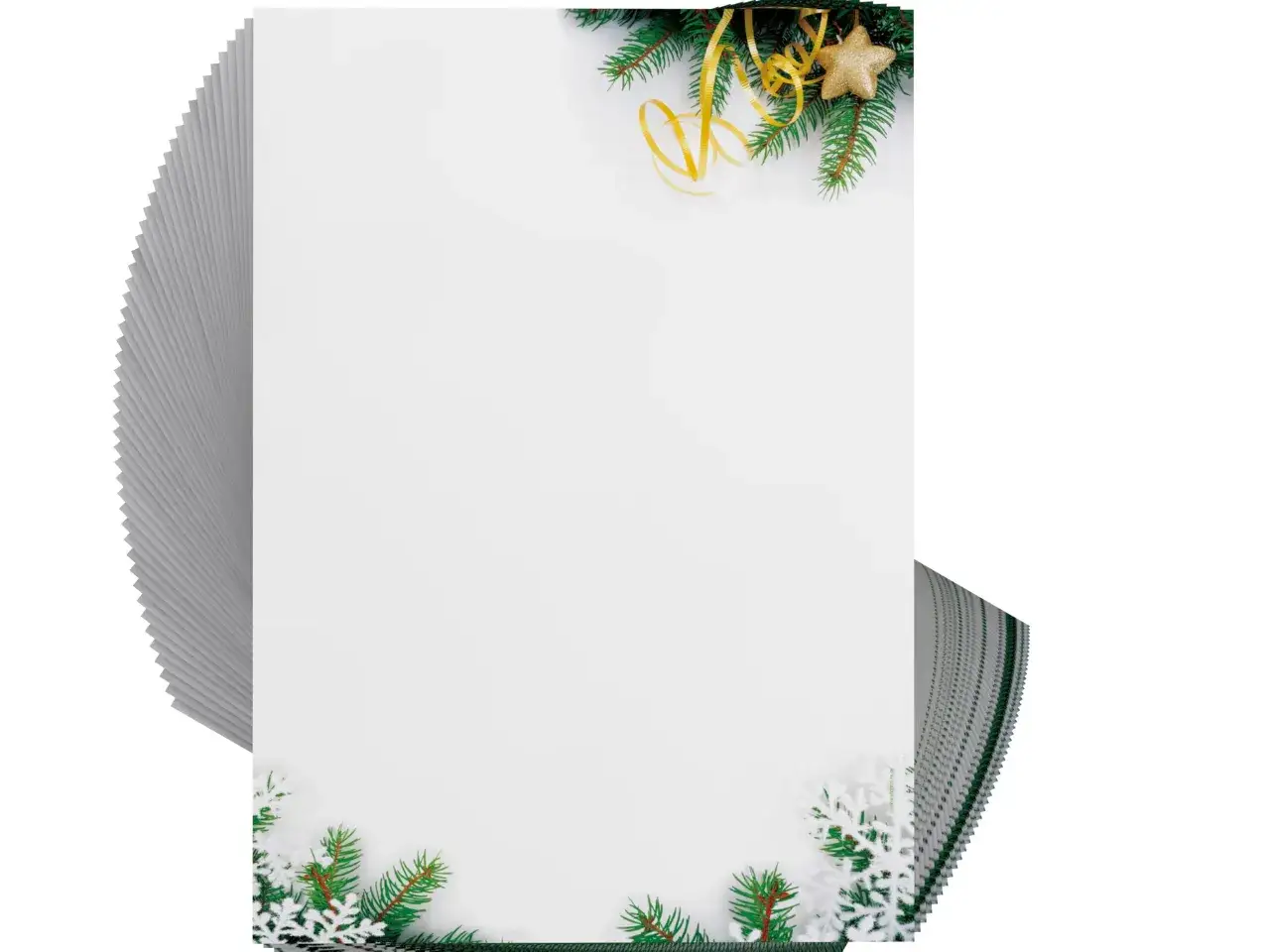 Kostenlose Briefpapier Weihnachten zum Ausdrucken mit Tannenzweigen, goldenen Sternen und Schneeflocken. Perfekt f&uuml;r festliche Gr&uuml;&szlig;e!