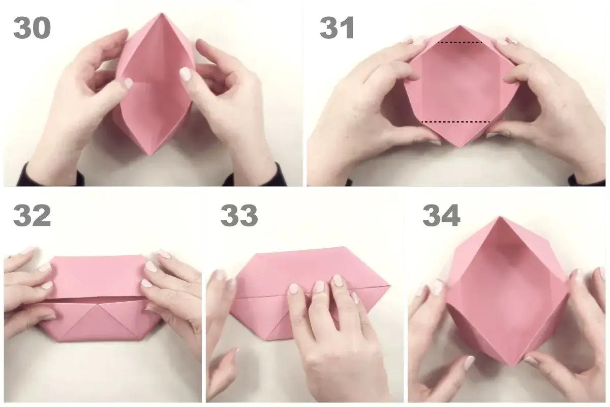 Schritt-f&uuml;r-Schritt-Anleitung zum Falten einer rosa origami schale. H&auml;nde formen das Papier zu einer Schale.
