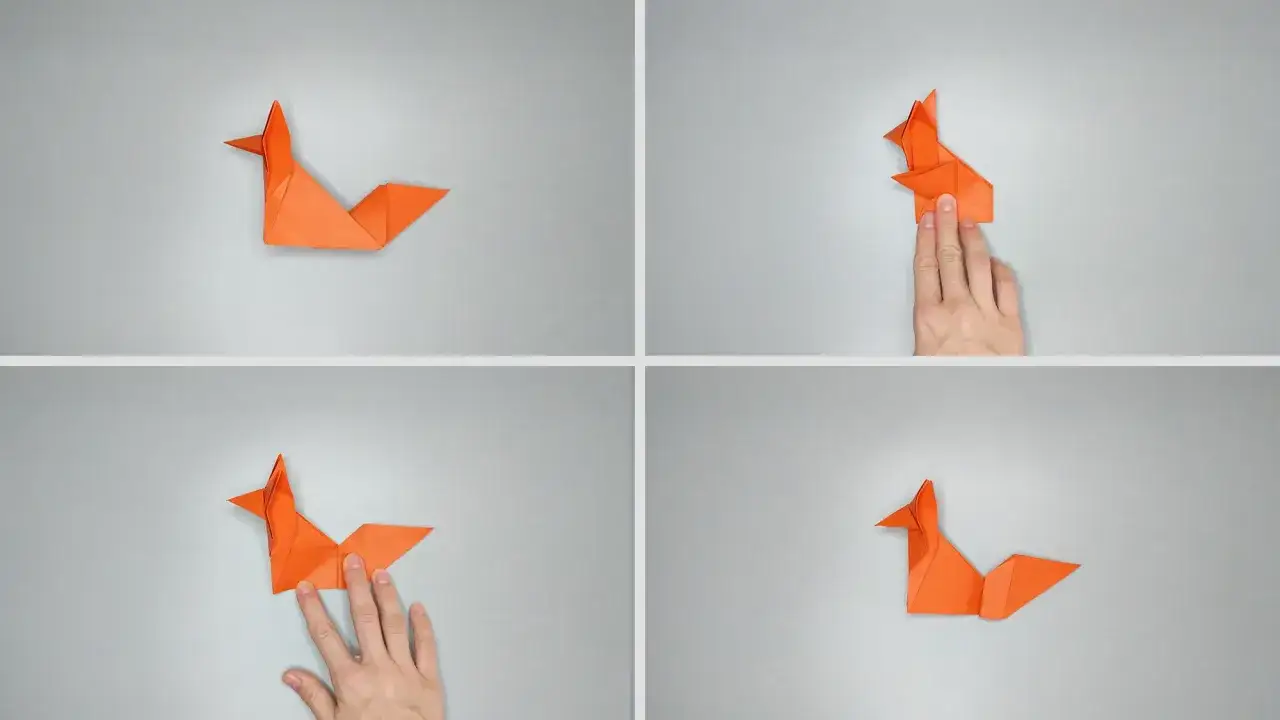 Schritt-f&uuml;r-Schritt-Anleitung zum Falten eines Origami-Fuchs. Ein kleiner Origami-Fuchs, der aussieht, als w&uuml;rde er nach Geld suchen.