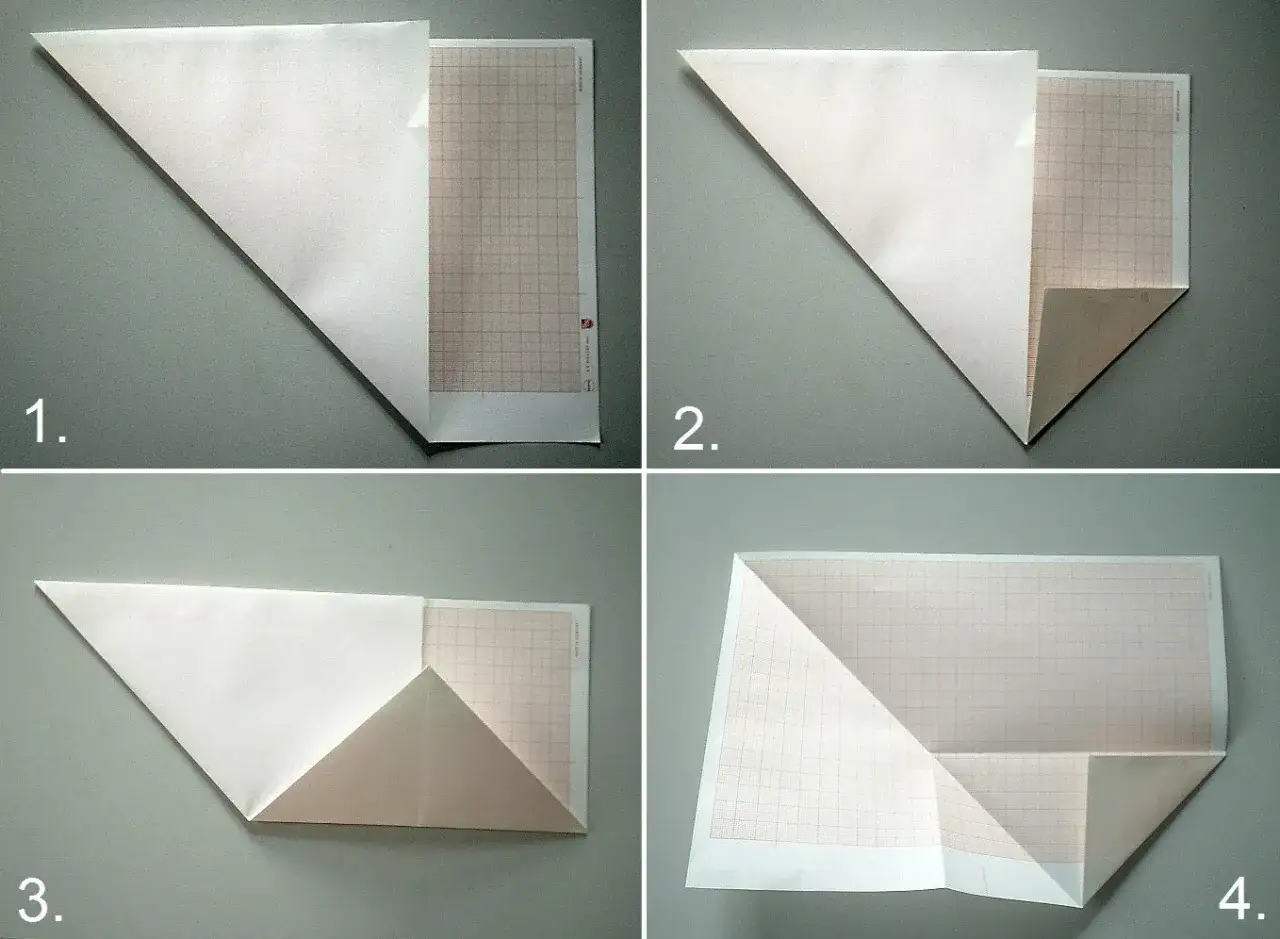 Schritt-für-Schritt-Anleitung zum Briefumschlag falten. Papier wird diagonal gefaltet und die Ecken nach innen geklappt.