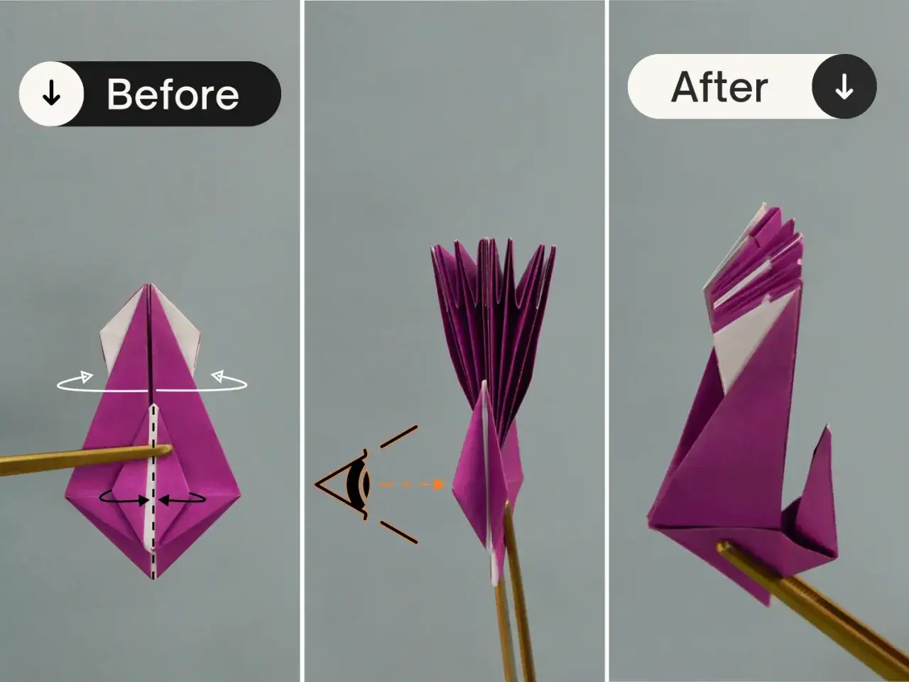 Schritt-f&uuml;r-Schritt-Anleitung zum Falten eines eleganten Origami Pfau aus lila Papier.