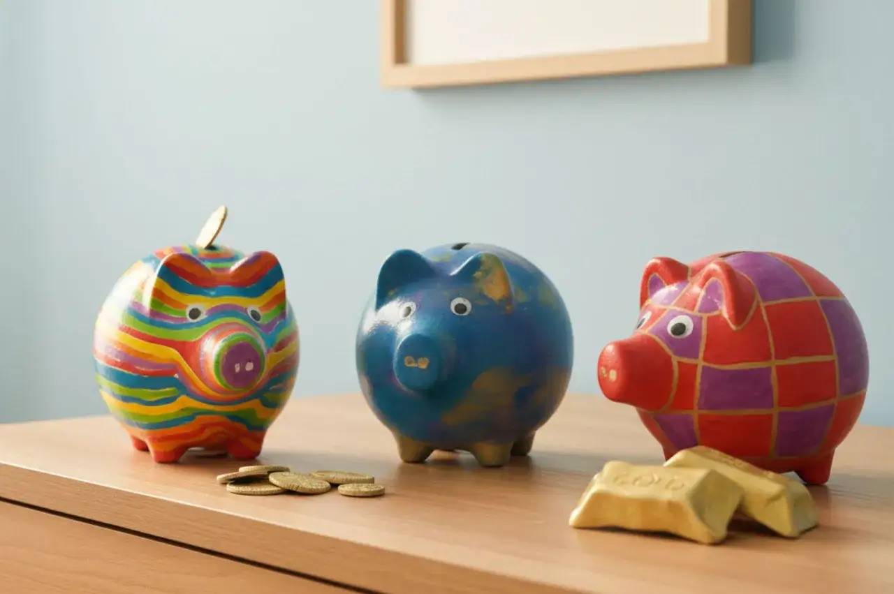 Drei bunte Sparschweine, Münzen und Goldbarren auf einem Holztisch. Eine tolle Inspiration, um eine eigene Spardose selber basteln!