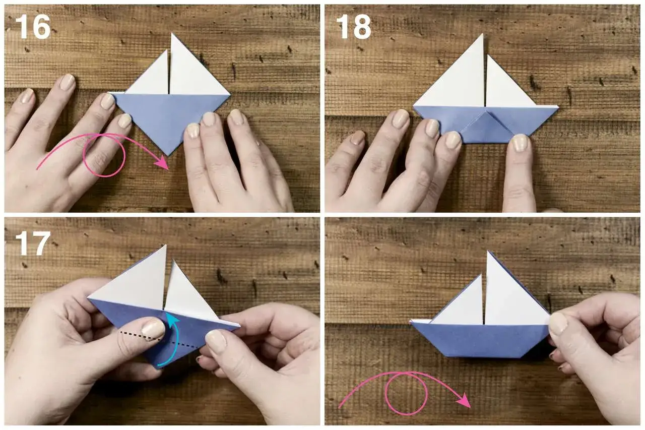 Schritt-für-Schritt-Anleitung, wie man ein einfaches Papier-Segelboot faltet. Die Bilder zeigen, wie man die Ecken umknickt und das Boot formt.