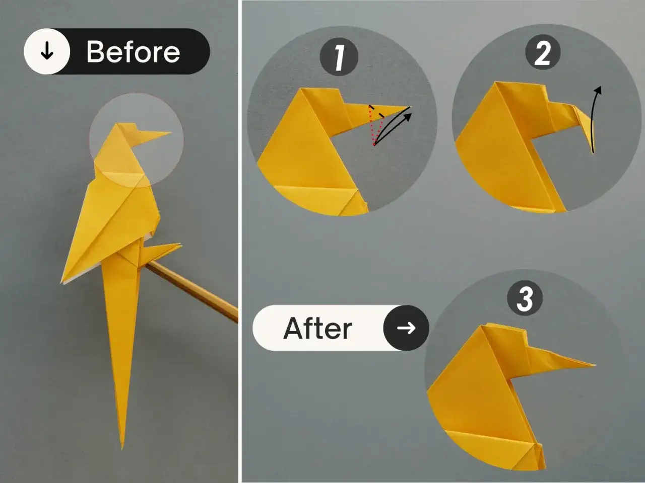 Gelber Papagei Origami: Schritt-f&uuml;r-Schritt-Anleitung zum Falten eines Papier Vogels.