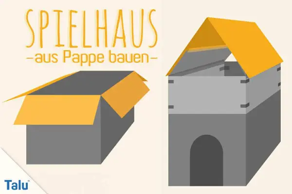 Bastelanleitung: Ein Spielhaus aus Pappe bauen. Vorlage für ein einfaches Papphaus mit offenem Karton und fertigem Spielturm.