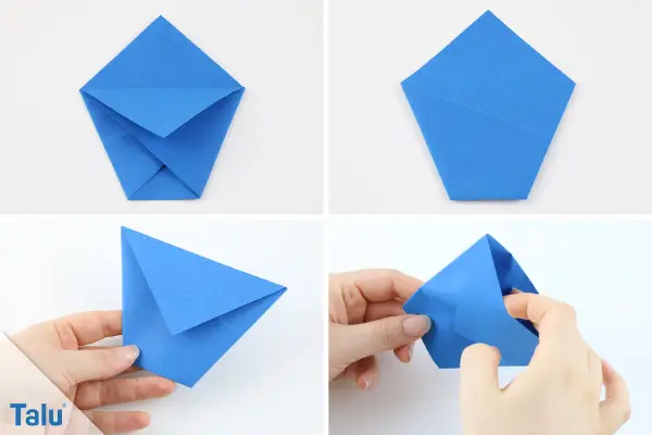 Schritt-für-Schritt-Anleitung: eine blaue Papier-Tasse basteln. Origami-Falttechnik für eine kleine Schale.