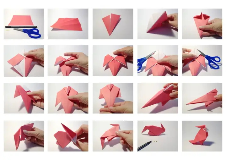 Schritt-für-Schritt-Anleitung zum Falten eines niedlichen Papagei-Origami.