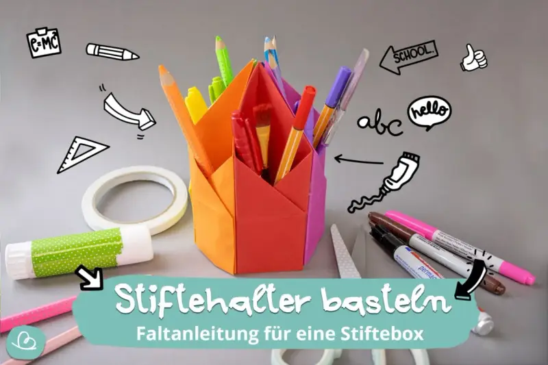 Bunte Papierfächer für Stiftehalter basteln. Mit Klebestift, Schere und vielen Stiften.